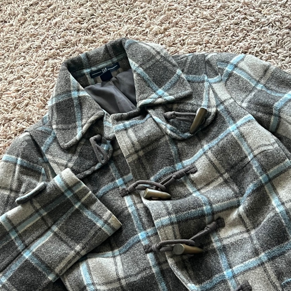 Gap Vtg Plaid Toggle Coat Womens XS Grey Blue Wool Blend Duffle Jacket RN54023